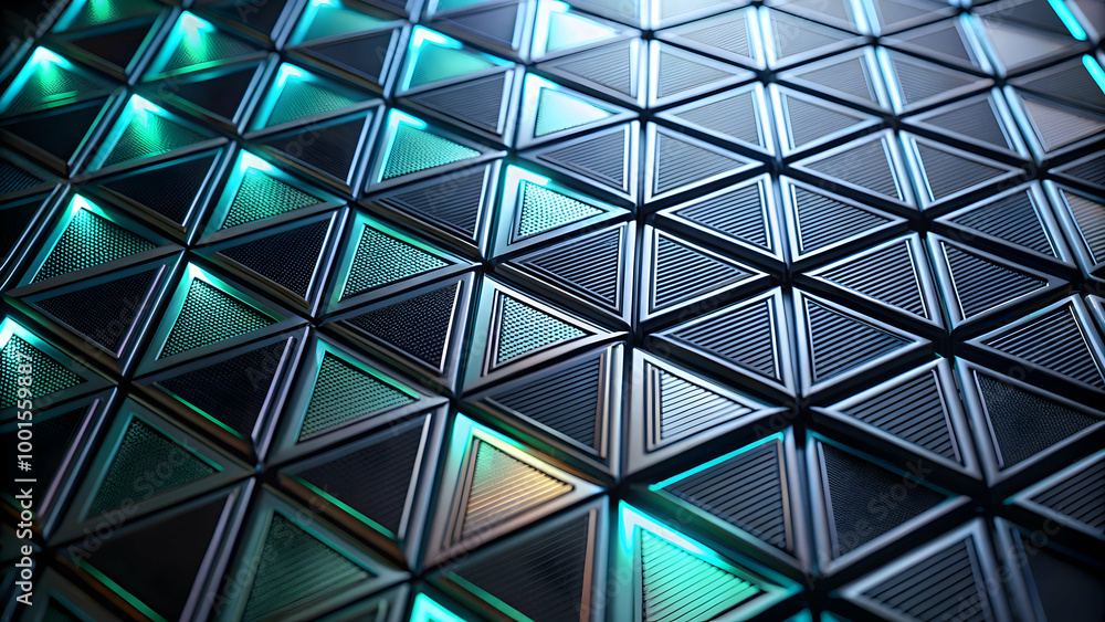 Poster abstract triangles glowing in the dark: a hypnotic and futuristic pattern of metallic triangles illu