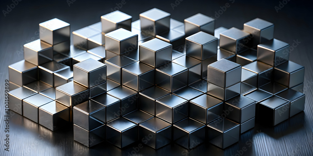 Poster metallic cubes abstract: a captivating image of numerous metallic cubes arranged in an abstract form