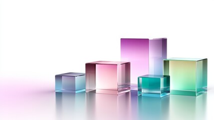 set of transparent acrylic blocks in different sizes and colors, arranged on the right side of an all-white