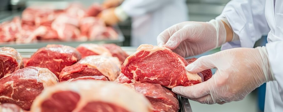 Close-up of hands packing raw meat in sterile conditions, symbolizing hygiene in food production