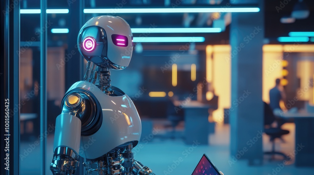Poster ai robot exploring a tablet capabilities, high-tech office with bright, interactive displays