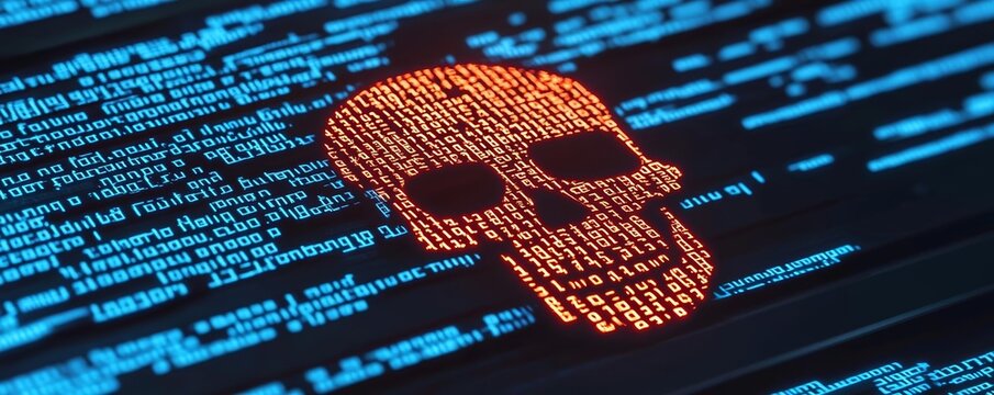 Hacked computer system showing a skull icon with lines of code, illustrating cybercrime, data protection issues, and malware