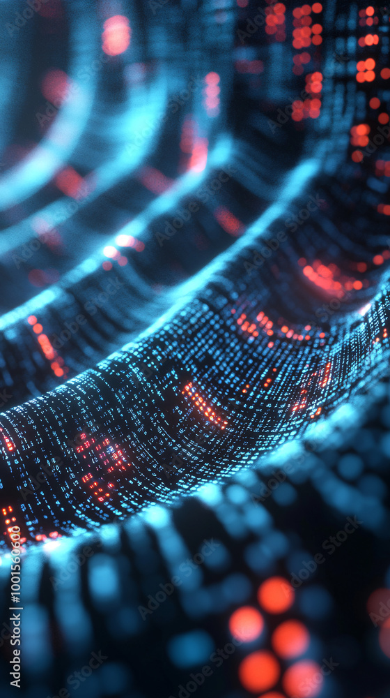 Poster stream of binary code is flowing and changing, visualizing the constant flow of information in the d
