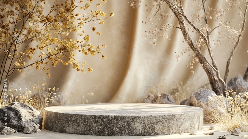 Poster composition empty podium material tree stone dry flowers product presentation background beige green