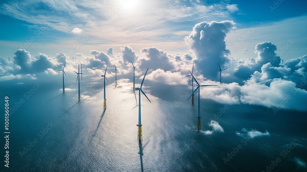 Poster offshore windmill park with clouds and a blue sky windmill park in the ocean aerial view with wind t