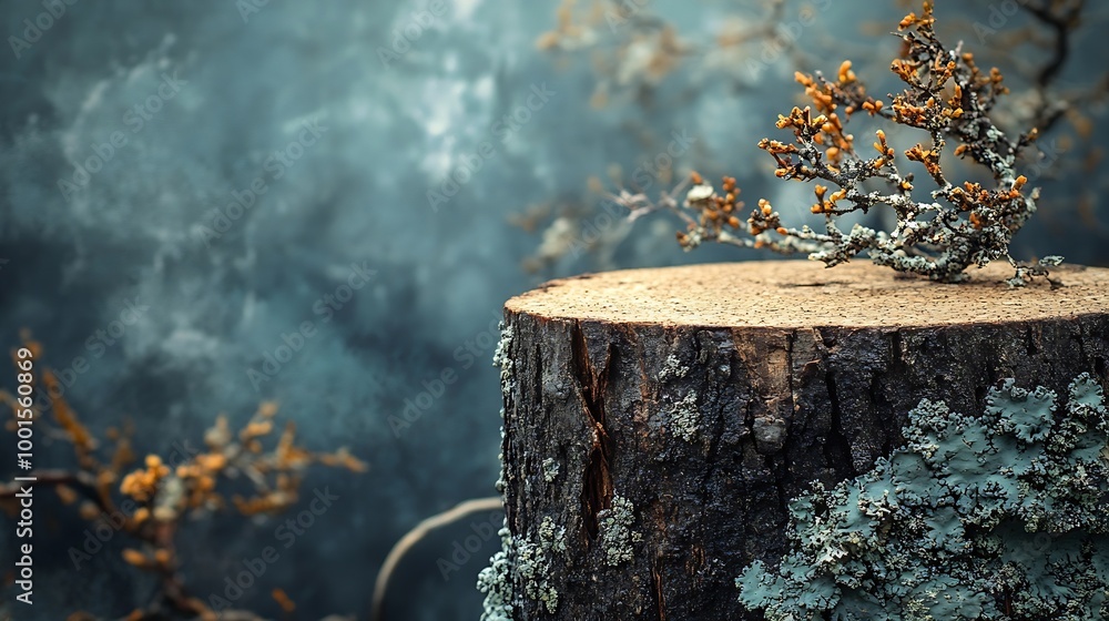 Poster Abstract north nature scene with a composition of lichen pine branches and dry snags Place your product on a cork podium Copy space : Generative AI