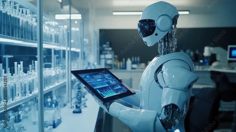 Poster ai robot reading digital documents on a tablet, high-tech laboratory with advanced equipment