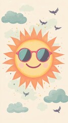 A smiling sun in sunglasses shines among pastel clouds and playful birds, spreading joy