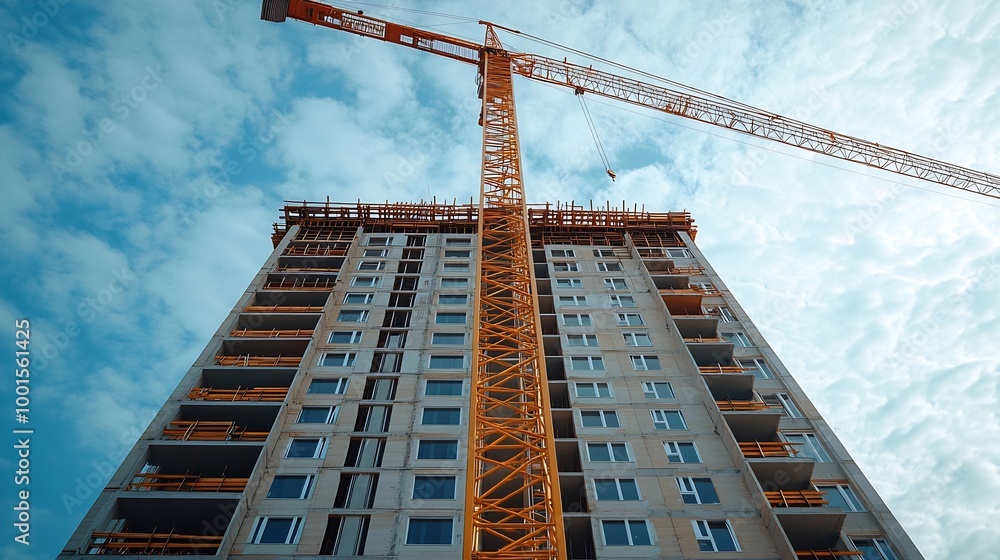 Poster a crane and a building under construction against a blue sky background builders work on large const