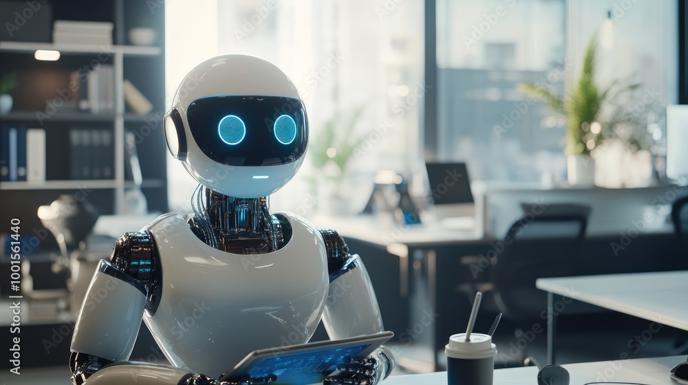 Poster ai robot using a tablet to coordinate smart devices, contemporary office with high-tech features
