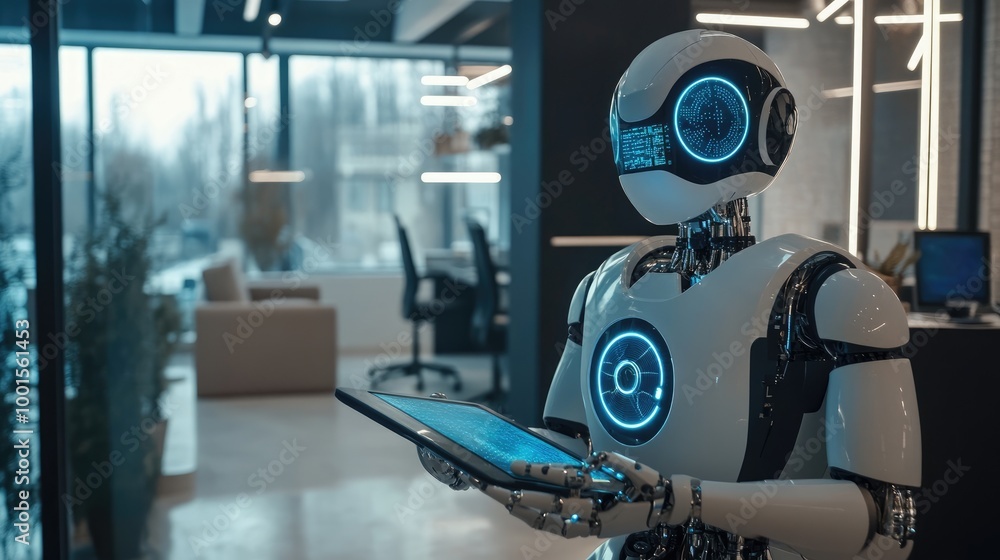 Poster ai robot using a tablet to coordinate smart devices, contemporary office with high-tech features
