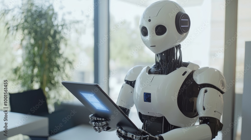 Poster ai robot using a tablet to coordinate smart devices, contemporary office with high-tech features
