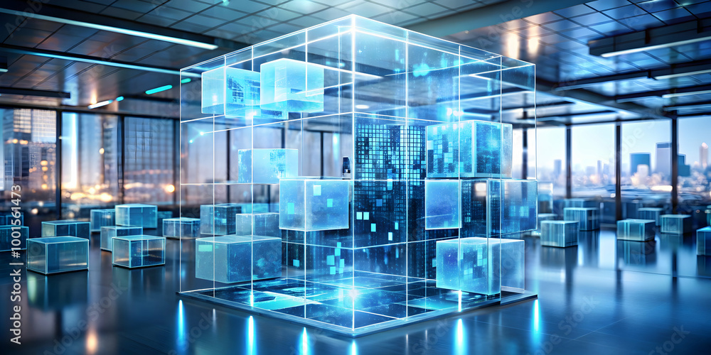 Aufkleber data cube in modern office: futuristic digital data visualization in a transparent glass cube.