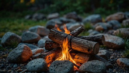 Cozy campfire surrounded by stones, ideal for outdoor relaxation.