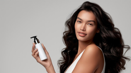 professional model holding hair care mockup on clean studio background for beauty brand marketing, hairstyling product showcase