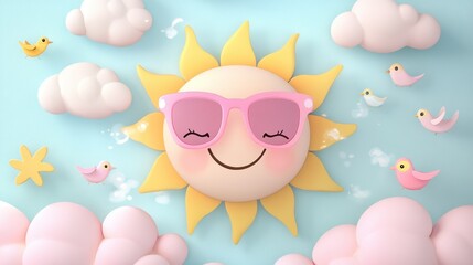 A smiling sun with shades shines brightly among clouds and colorful birds in a pastel sky