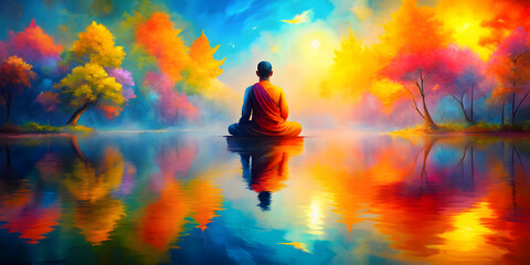 Obraz premium Serene Buddha Reflection: Vibrant autumnal colors paint a breathtaking landscape as a serene Buddha sits in peaceful meditation, his reflection mirrored in the tranquil water.