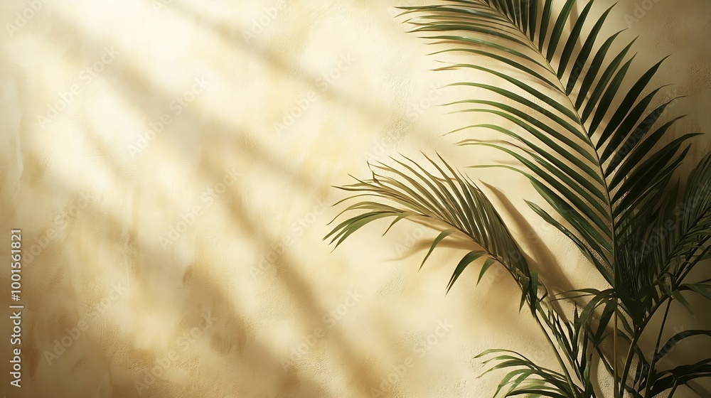 Poster minimal product placement background with palm shadow on beige plaster wall luxury summer architectu
