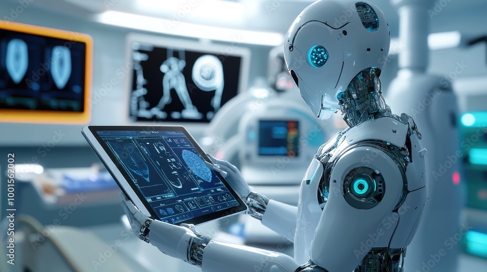 Poster ai robot using a tablet to perform diagnostics, sleek medical lab with cutting-edge technology