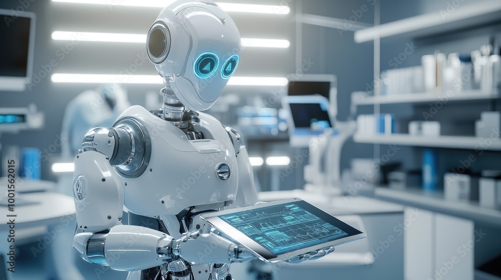 Poster ai robot using a tablet to perform diagnostics, sleek medical lab with cutting-edge technology