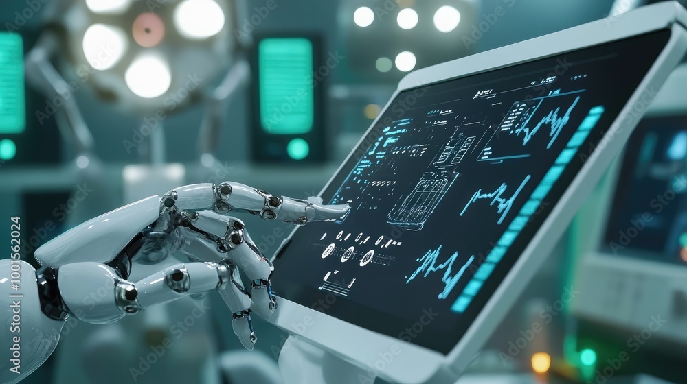 Poster ai robot using a tablet to perform diagnostics, sleek medical lab with cutting-edge technology