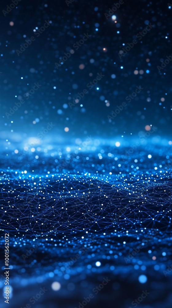 Poster glowing network connections and flowing particles on an abstract dark blue technology background