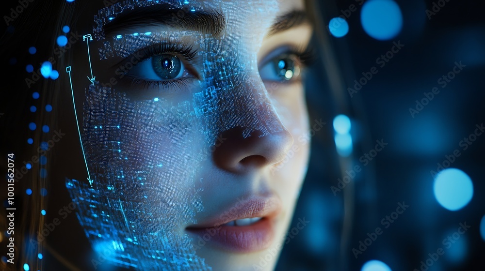 Aufkleber Future Technology Face ID Facial Recognition Biometric Face Detection 3D Technological Identification Scanning of Face of Smiling Cheerful Woman Server Specialist in Computer Security  : Generative AI