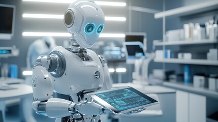 AI robot using a tablet to perform diagnostics, sleek medical lab with cutting-edge technology
