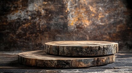 Fototapeta premium Rustic wood pieces podium Background for perfume jewellery and cosmetic products Front view : Generative AI