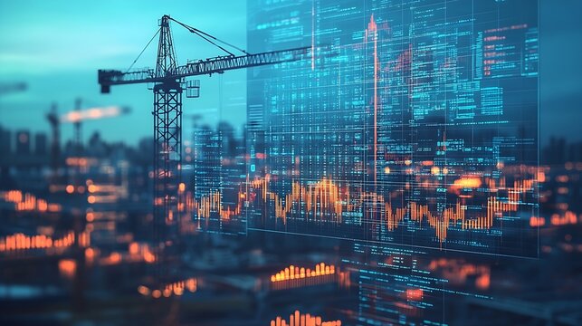 Image of financial data processing over crane and construction site global development business finance digital interface and data processing concept digitally generated image : Generative AI