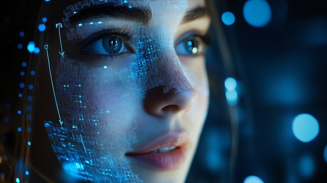 Future Technology Face ID Facial Recognition Biometric Face Detection 3D Technological Identification Scanning of Face of Smiling Cheerful Woman Server Specialist in Computer Security : Generative AI - Powered by Adobe