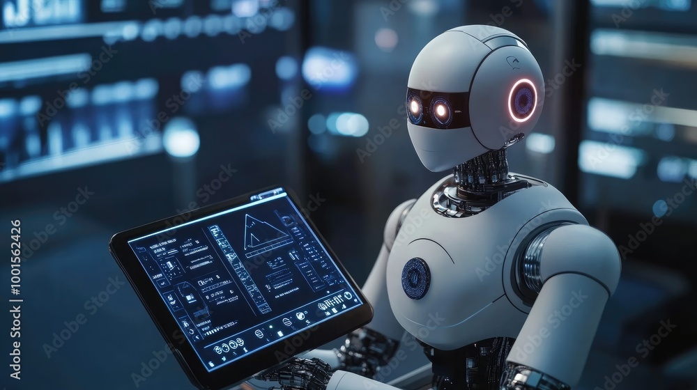 Poster ai robot with a tablet, navigating virtual controls in a sleek, high-tech workspace