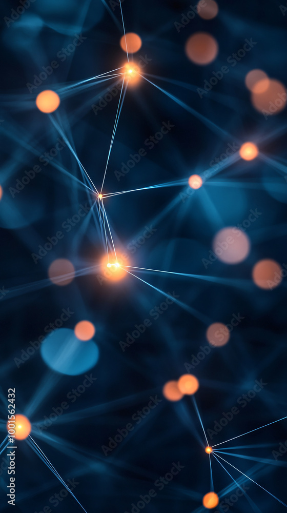 Poster futuristic abstract network nodes with glowing lines creating a shape on a dark blue background