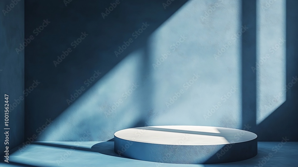 Poster Podium stand and deep shadow on blue wall background Background for product Front view Mockup : Generative AI