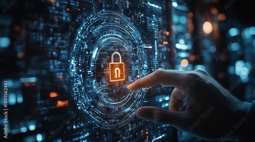 Fototapete Cyber security and data protection Businessman using  digital device protecting business data on network connection Security encryption of padlock and cybernetics Smart solution from c : Generative AI