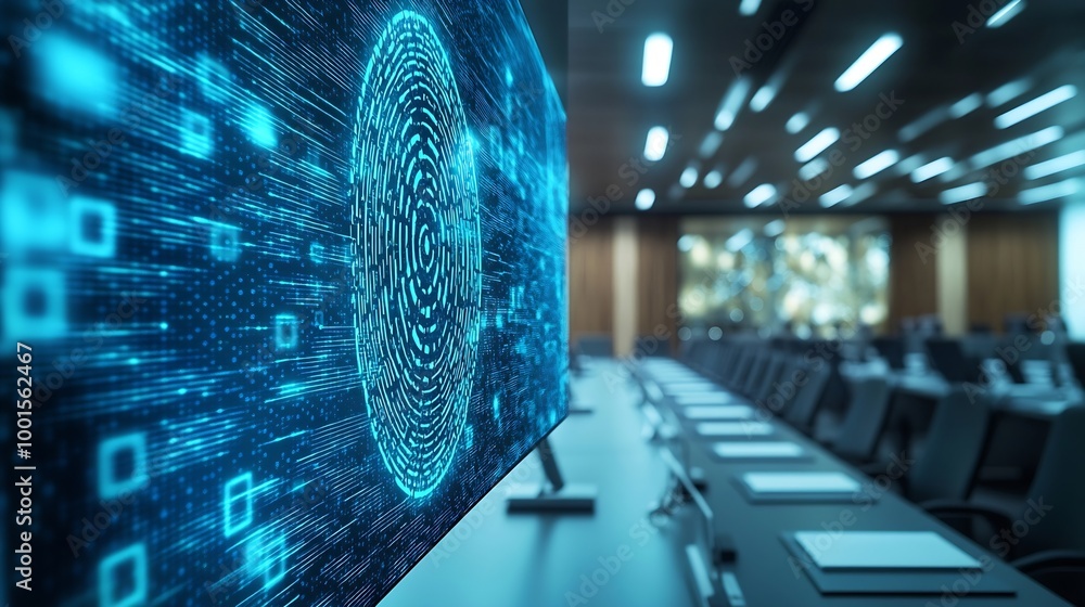 Poster image of viewfinder and thumbprint with connected dots over empty conference room digital composite 