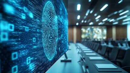 Image of viewfinder and thumbprint with connected dots over empty conference room Digital composite multiple exposure biometric security meeting office networking technology concept : Generative AI