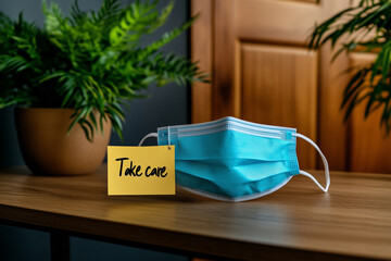 A blue surgical mask with a yellow "Take care" note rests on a wooden table, surrounded by lush green plants in a cozy indoor space. Safety, care, and health precautions in a peaceful environment.