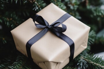 Elegant Christmas gift wrapped in beige paper with black ribbon