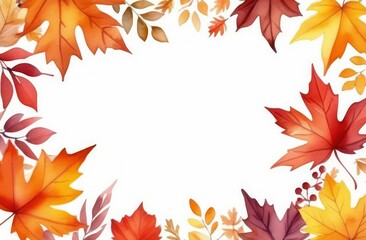 Watercolor border frame with yellow red autumn leaves isolated on white background.
