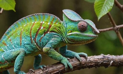 Obraz premium A vibrant chameleon perches on a branch, its scales shimmering in the sunlight
