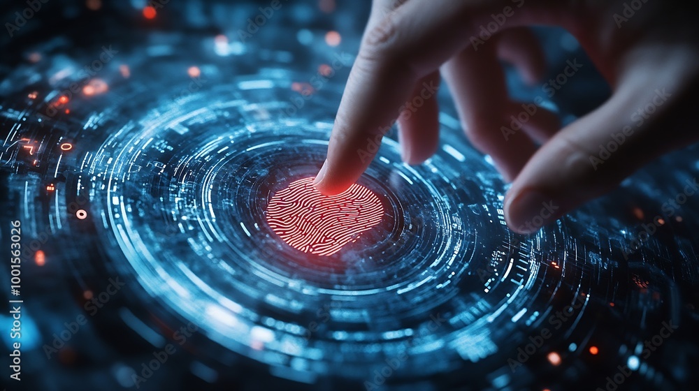 Poster businessman scan fingerprint biometric identity and approval concept of the future of security and password control through fingerprints in an immersive technology future and cyberneti : Generative AI