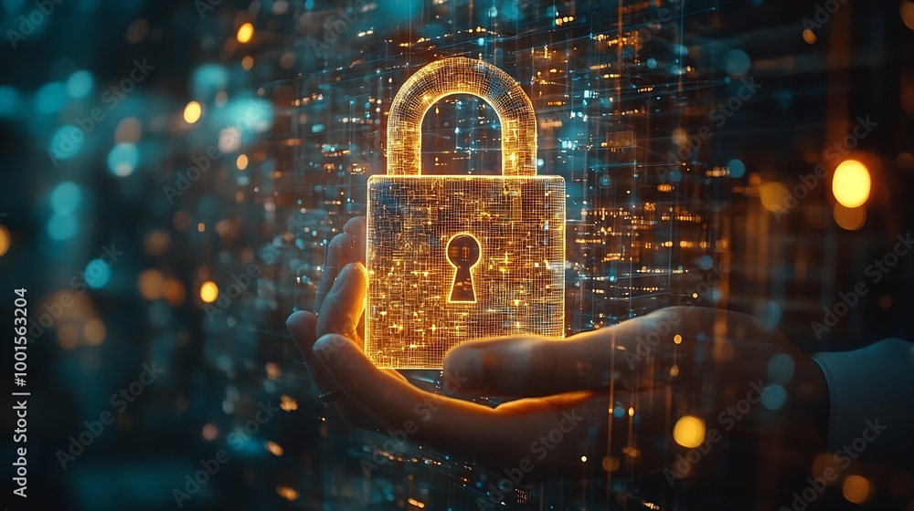 Fototapete Cyber security and data protection businessman holding padlock Internet network security system protecting business and financial transaction data from cyberattacks secure data encrypt : Generative AI