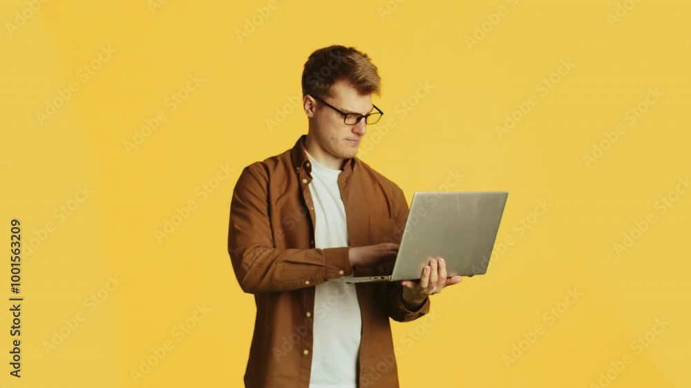 Poster web developer working on laptop with changing facial expressions