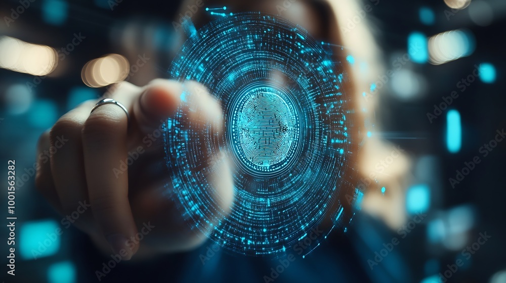 Poster KYC Know your customer concept Biometrics security Person holding identity verification symbol for Increase financial security and access personal financial data : Generative AI