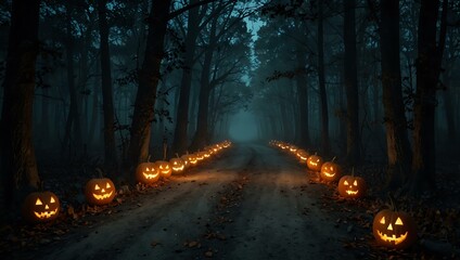Creepy forest road with spooky pumpkins on Halloween night.