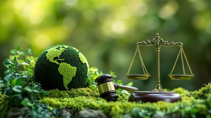 Environment Law Green World and gavel with scales of justice on the green law for principles of sustainable environmental conservation law that governs how humans interact with their e : Generative AI
