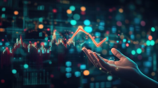 Creative business visualization with a hand holding a rising arrow against a background of financial data