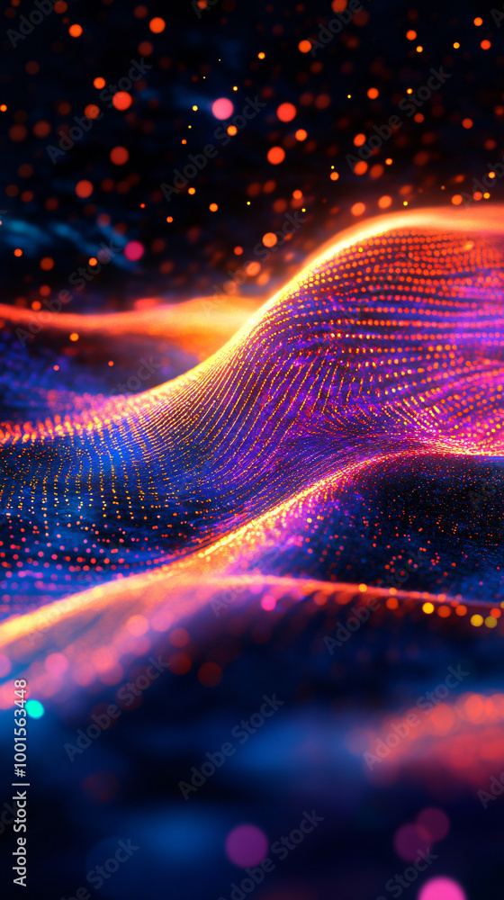 Aufkleber Abstract wave pattern with glowing particles in cyberspace, blending vibrant colors and dark shades for a futuristic digital display, ideal for science and network projects