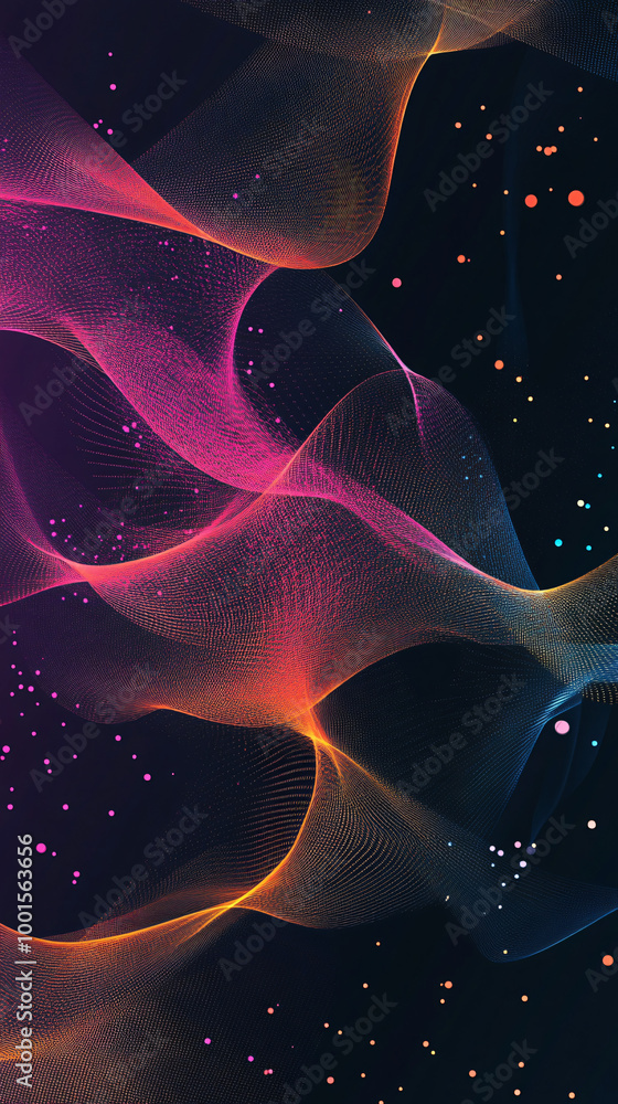 Poster vibrant wavy lines and floating particles creating an abstract background on a dark backdrop